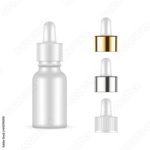 Dropper Bottle Mockup With Plastic, Metallic, Golden Caps, Isolated On White Background. Vector Illustration