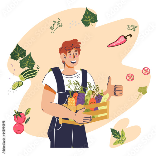 Farmer presenting harvest of his farm, flat cartoon vector illustration isolated on white backgrounds. Farm and local food products, vegetable fair emblem or banner.