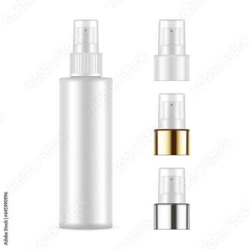 Plastic Spray Bottle Mockup With Different Caps, Isolated On White Background. Vector Illustration