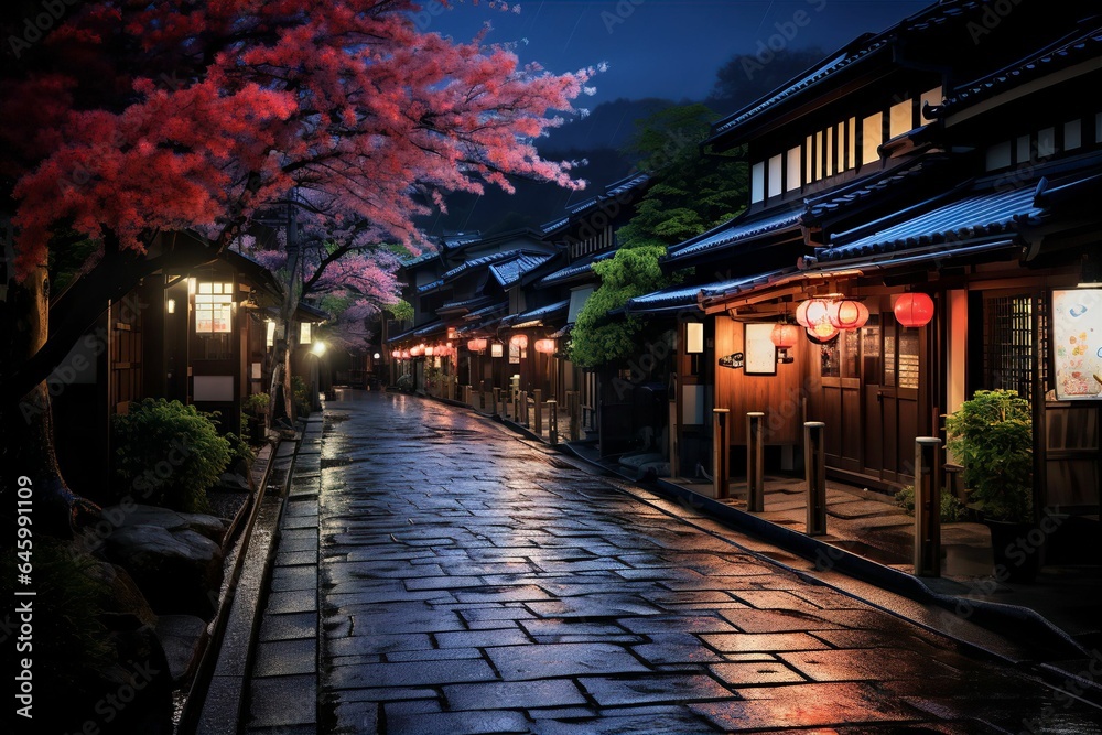 日本の京都風の夜の町並み（京都・奈良・寺院・神社）