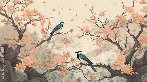Illustration of a Japanese landscape with a tree and a flying bird generative ai © Graphicsstudio 5