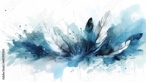 Watercolor background with blue and white feathers. Hand drawn illustration. generative ai