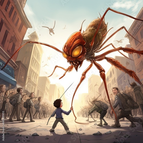 A startling illustration depicting people being attacked by giant ants on a city street. The image captures the horror and chaos unleashed by the enormous insects, generative ai photo