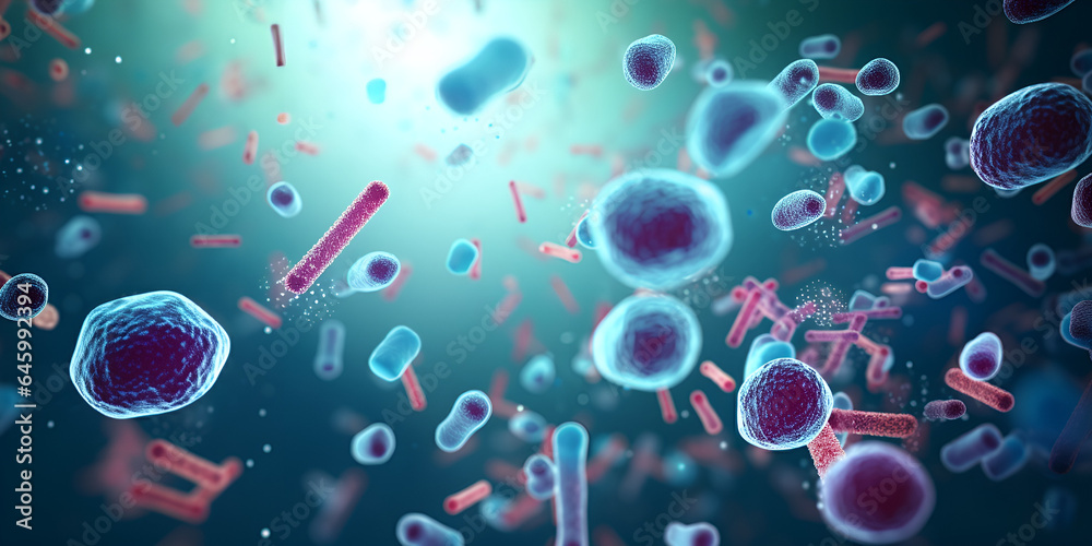 Futuristic viral infection with glow low poly influenza virus cells and