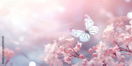 Beautiful pink butterfly and cherry blossoms on a stalk with sunlight
