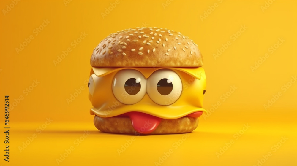Burger character with tongue out isolated on orange background. 3d illustration generative ai - obrazy, fototapety, plakaty 