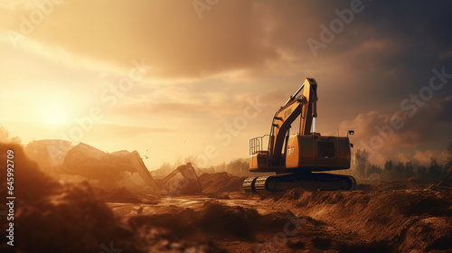 Excavator on construction site at sunset. 3d render. generative ai
