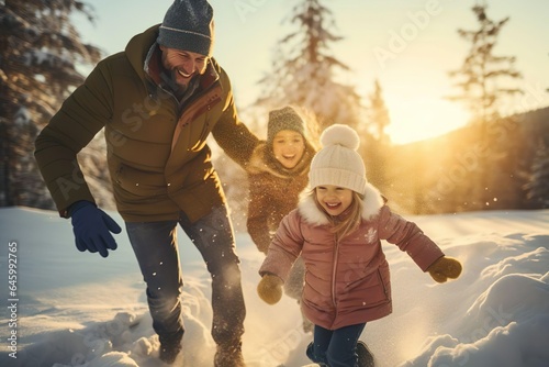 Familie tobt im Schnee und hat Spaß, Vater mit Kind im Winter