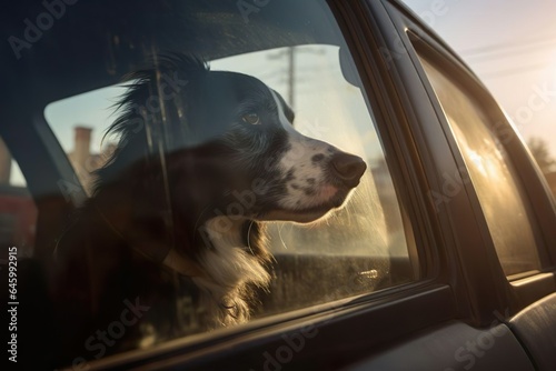 Trauriger Hund (Haustier) im Auto eingesperrt, sitzt am Fenster, Gefahr vor Hitze