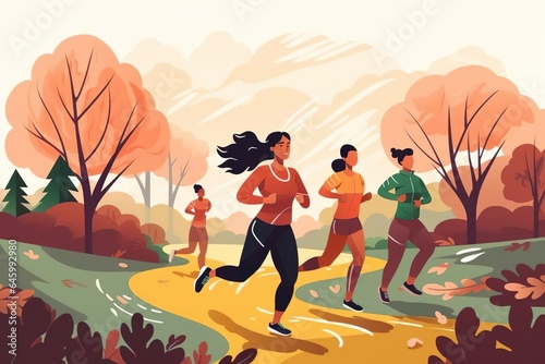 Gruppe von Joggern läuft durch den Park oder Wald, illustriert