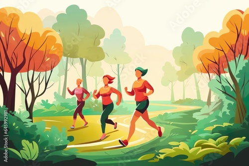 Gruppe von Joggern läuft durch den Park oder Wald, illustriert