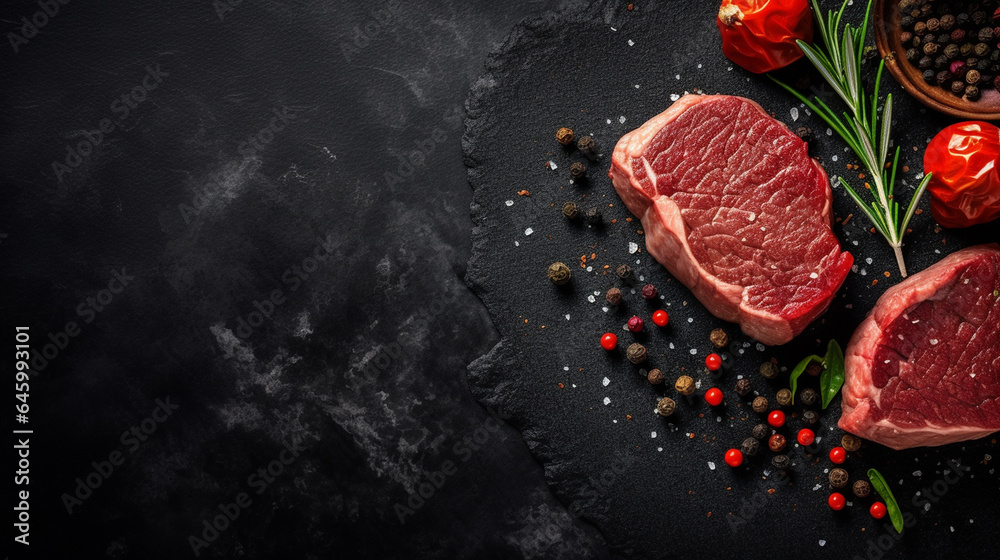 Raw beef steak with spices and herbs on black background, top view generative ai