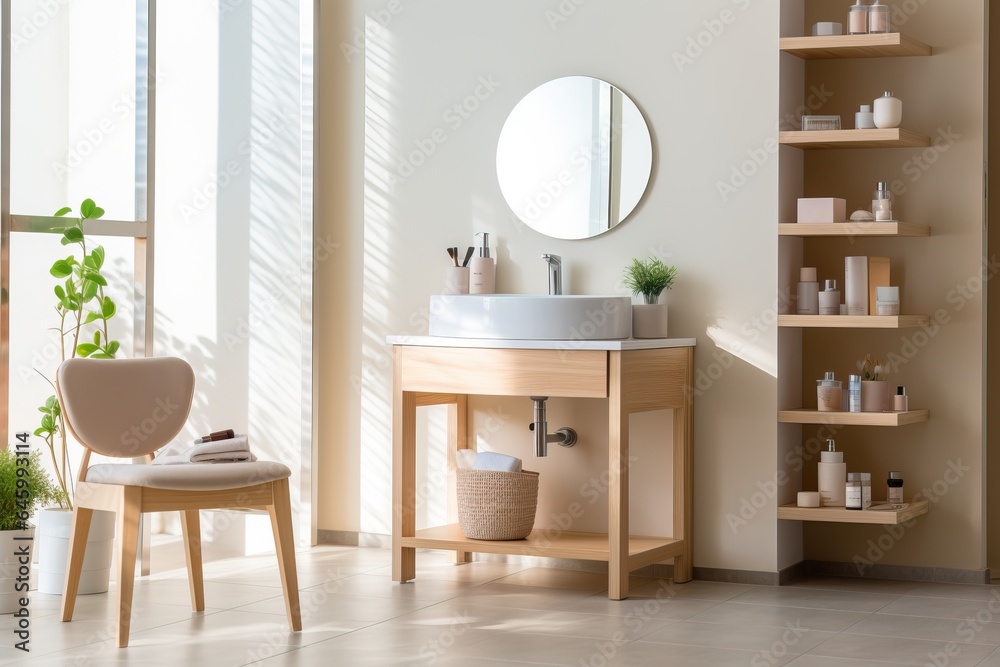 Fototapeta premium Modern bathroom with sink on vanity Stool and mirror with shelves