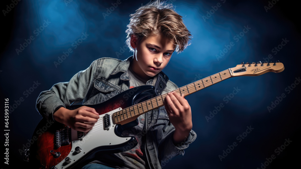 Obraz premium Teenage boy playing guitar on dark background