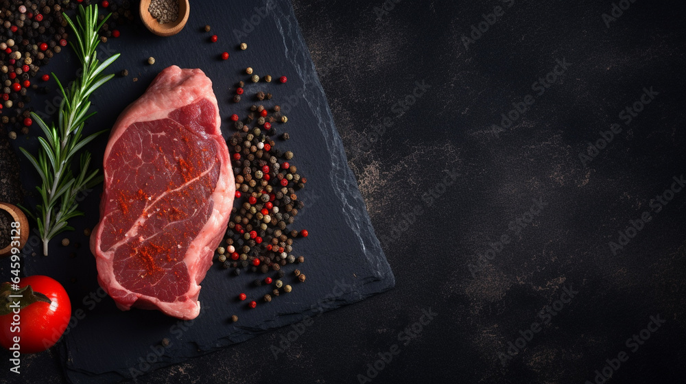 Raw beef steak with spices and herbs on black background, top view generative ai