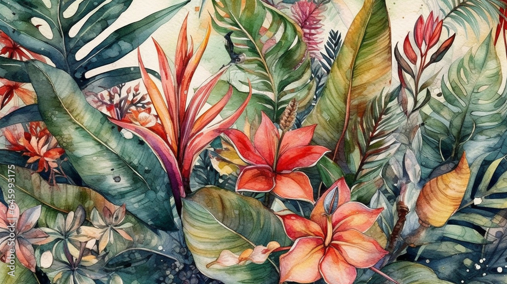 Fototapeta Watercolor painting of tropical leaves and flowers. Exotic background. generative ai