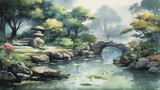 Watercolor painting of pagoda in japanese home with garden with bridge generative ai