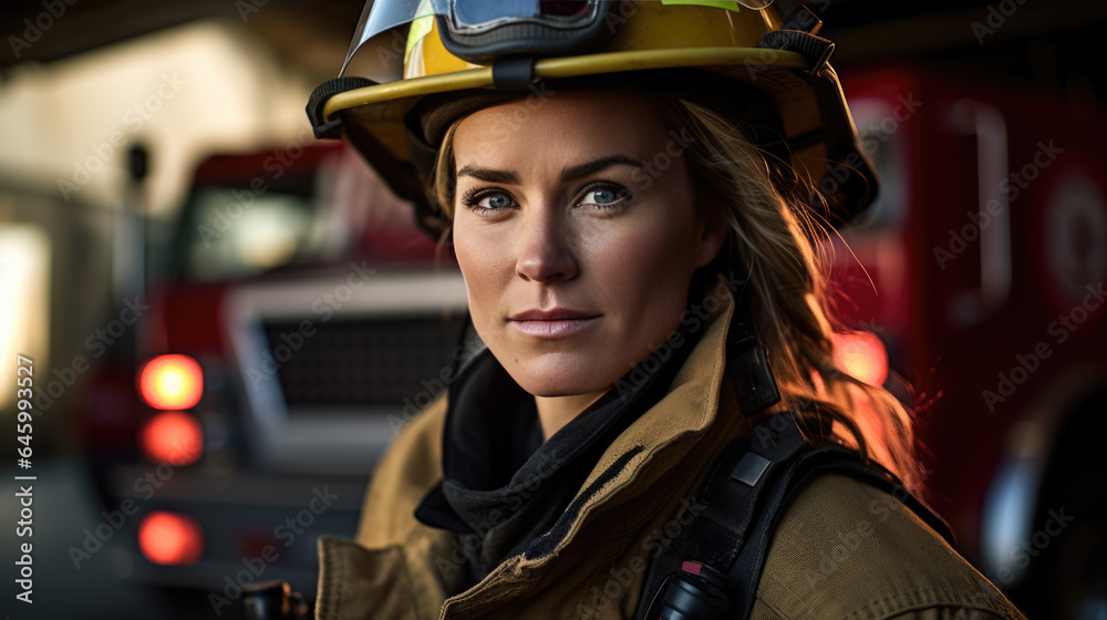 Firefighter portrait on duty. Photo of female fireman near fire engine Firefighter portrait on duty. Photo of female fireman near fire engine