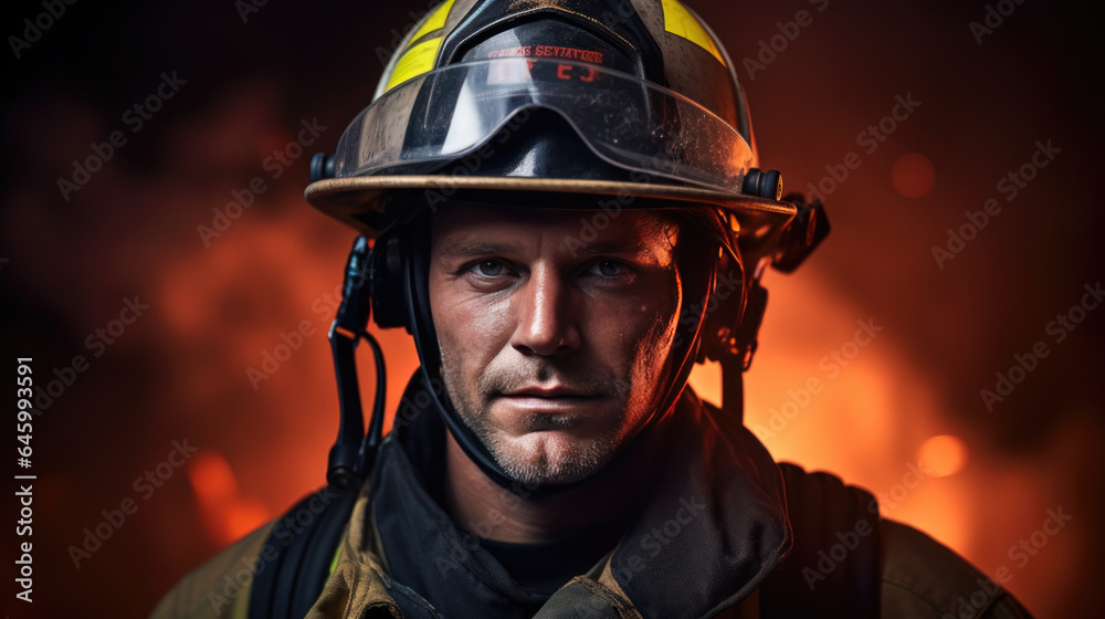 Portrait of a male firefighter in equipment against the background of a burning fire