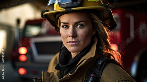 Firefighter portrait on duty. Photo of female fireman near fire engine © MP Studio