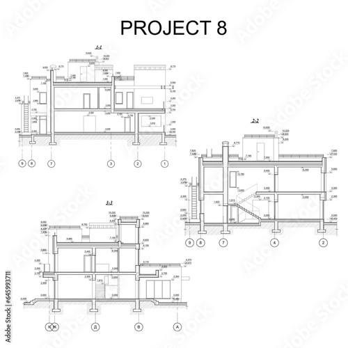 Detailed architectural two story private house blueprints and drawings. Vector illustration