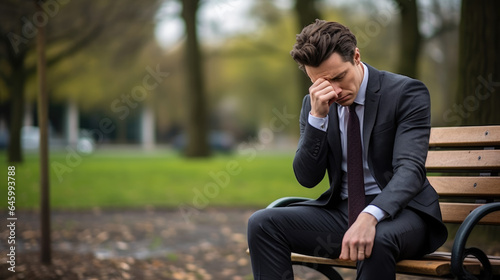 Businessman in depression sitting on bench in the park outdoors suffering from overwork, stress, job loss