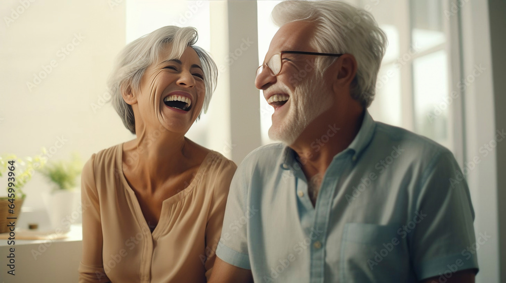 a candid photo of a cute old people couple laughing and having fun in the retirement house. couple with grey hair and glasses. a candid photo of a cute old people couple laughing and having fun in the retirement house. couple with grey hair and glasses.