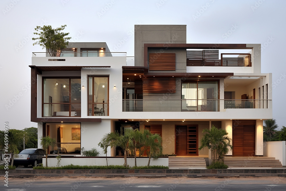 Facade Of A Luxury Indian House, Modern Indian House, Modern Indian House Design, Modern Indian House Exterior