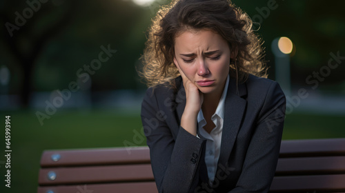 Businesswoman in depression sitting on bench in the park outdoors suffering from overwork, stress, job loss