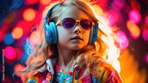 Little girl in neon lights wearing headphones and listening to her favorite music.
