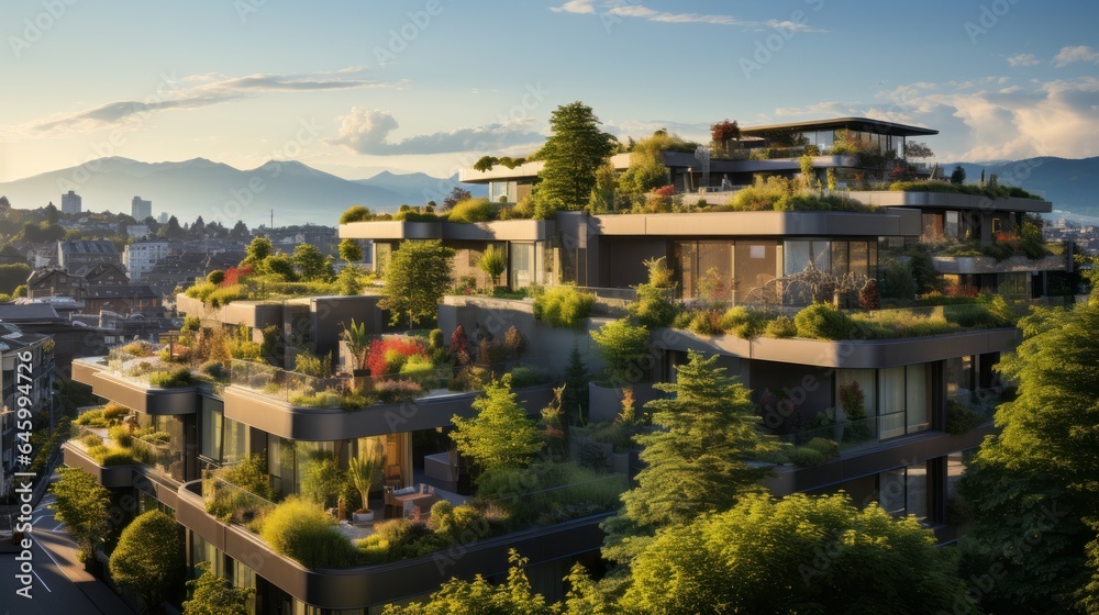 A cityscape with green rooftops and vertical gardens, showcasing urban sustainability. 