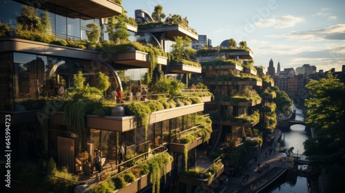 A cityscape with green rooftops and vertical gardens, showcasing urban sustainability. 