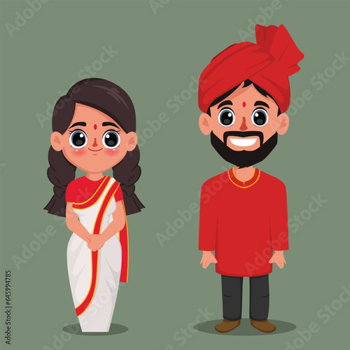 Vector design of Bengali Couple in traditional costume of  India woman wearing saree and man character.