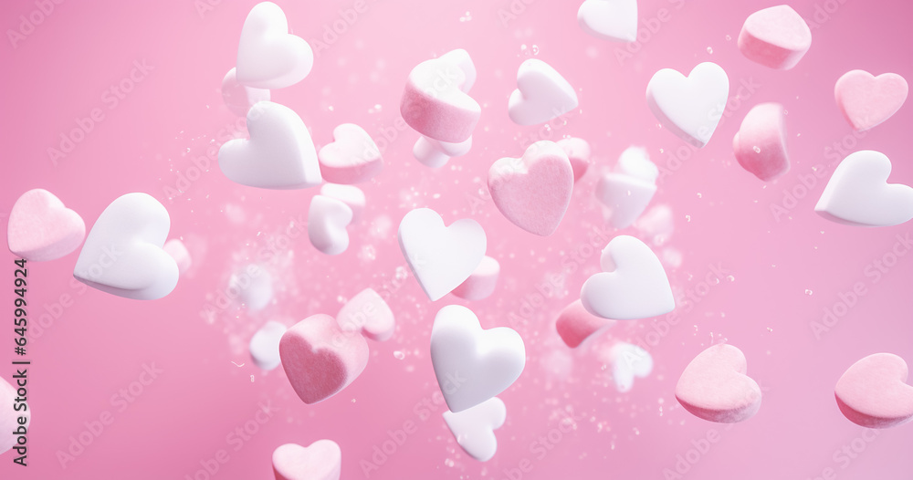 White and pink heart marshmallows falling. Blurred marshmallow candy background.
