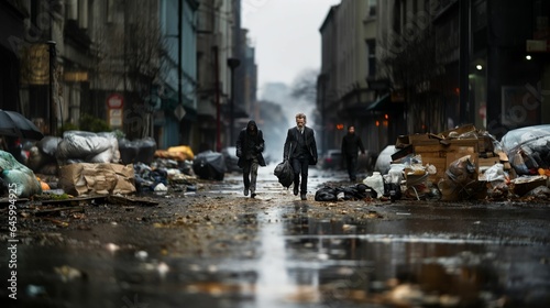 A person in a suit walking past a homeless individual