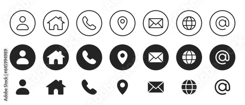 Contact us icon set. Web icons , home, call, location, pin, globe, world, message, mail, at, address, user, profile, website, icon - Contact information icons for business card