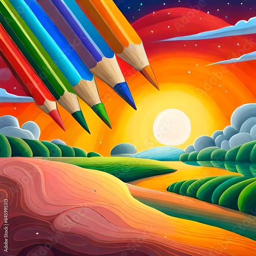 Vibrant Color Pencil Fantasy: Whimsical Neverland Amidst Nebula Sunset and Rainbow Clouds photo