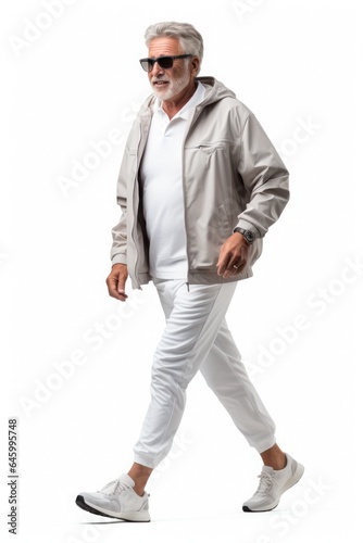 Senior man jogging Happy and energetic generation in white background. Generative AI.