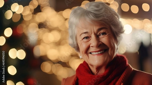 Close up portrait of cute smiling old woman near a decorated Christmas