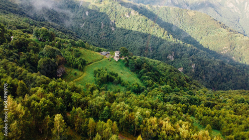 Aerial view of mountain slopes in summer with green fields and forest. Natural background, Italian Alps.