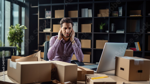 Frustrated fired man sits among cardboard boxes of his belongings and holds .