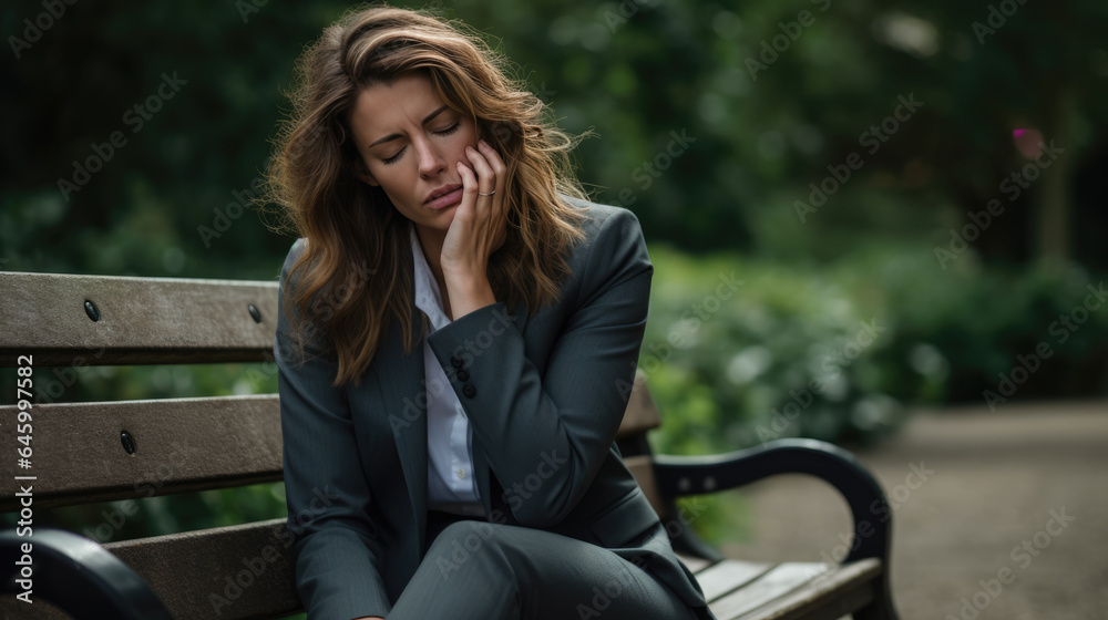 Businesswoman in depression sitting on bench in the park outdoors suffering from overwork, stress, job loss Businesswoman in depression sitting on bench in the park outdoors suffering from overwork, stress, job loss