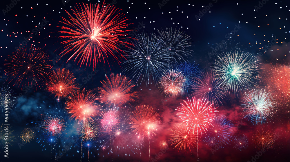 Fototapeta premium Sparkling red blue white celebration fireworks