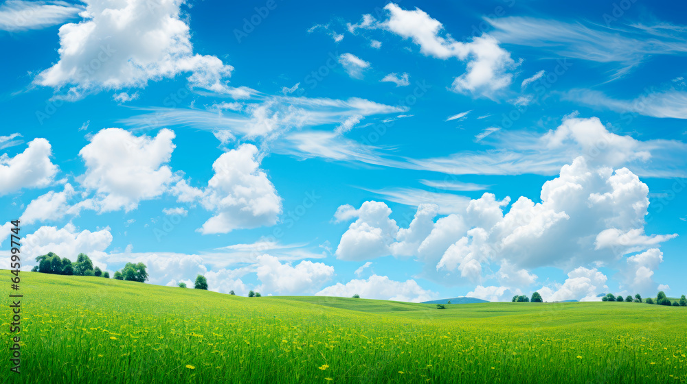 Fototapeta premium Landscape of green grassland with idyllic blue sky background