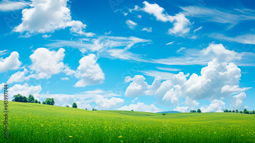 Landscape of green grassland with idyllic blue sky background