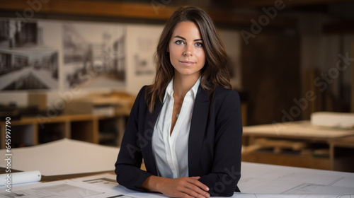 Female architect stands in an office in front of a desk with various architectural projects