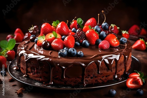 Chocolate cake with with berries, strawberries and cherries. cake on a dark brown background