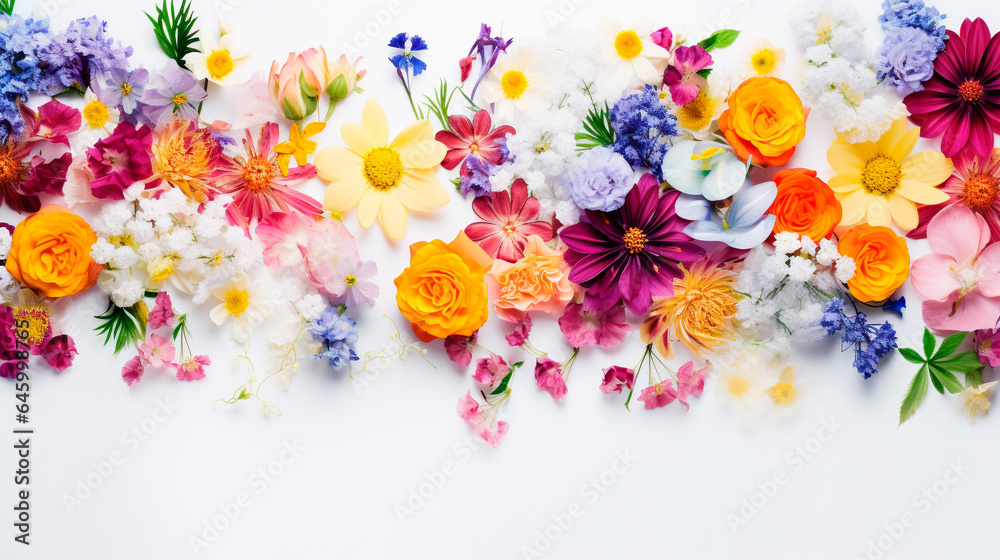 白い背景に並べられた春の花々。結婚式、母の日、女性の日のグリーティングカードに。Flat lay style 白い背景に並べられた春の花々。結婚式、母の日、女性の日のグリーティングカードに。Flat lay style