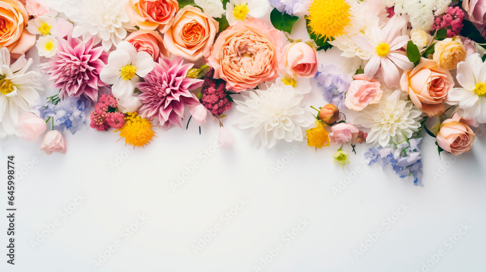 白い背景に並べられた春の花々。結婚式、母の日、女性の日のグリーティングカードに。Flat lay style
