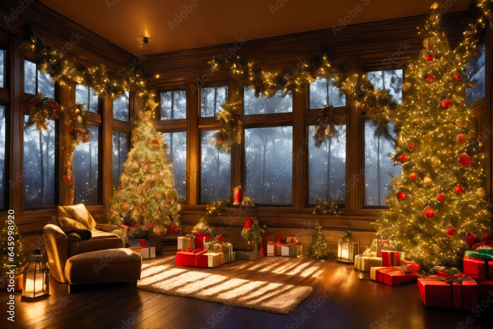 Digital wide-shot photo of a cozy bedroom with a lot of Christmas decoration. Interior design.
